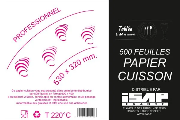 Les 500 FEUILLES PAPIER CUISSON au format 40 x 60 cm sont conditionnées dans une boîte distributrice pratique, adaptée aux besoins des professionnels de la restauration, des métiers de bouche et des cuisines collectives.